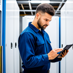 A focused refrigeration engineer in professional work attire, standing within a clean, modern industrial cold storage facility. He holds a tablet displaying real-time data visualizations of system performance from IoT sensors on nearby refrigeration units. The engineer has a contemplative, competent expression, reflecting expertise in predictive maintenance. fully clothed, appropriate attire, modest clothing, professional dress, safe for work, appropriate content, perfect anatomy, correct proportions, natural pose, well-formed hands, proper finger count, natural body proportions, professional photography, high quality, studio lighting.