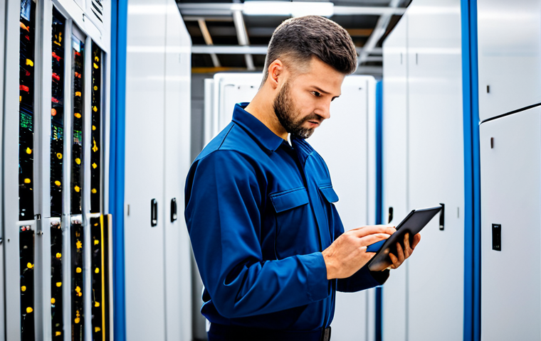 A focused refrigeration engineer in professional work attire, standing within a clean, modern industrial cold storage facility. He holds a tablet displaying real-time data visualizations of system performance from IoT sensors on nearby refrigeration units. The engineer has a contemplative, competent expression, reflecting expertise in predictive maintenance. fully clothed, appropriate attire, modest clothing, professional dress, safe for work, appropriate content, perfect anatomy, correct proportions, natural pose, well-formed hands, proper finger count, natural body proportions, professional photography, high quality, studio lighting.
