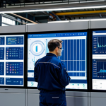 A professional technician in a modest, dark blue work uniform, observing a complex industrial machine equipped with numerous small IoT sensors. A large, transparent digital screen overlays the machine, displaying real-time data visualizations, predictive analytics charts, and operational performance metrics. The background is a clean, well-lit factory floor. The scene emphasizes data-driven decision making and advanced technology integration.