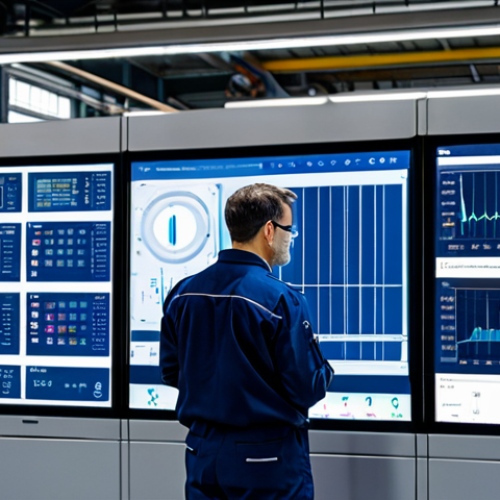 Home 20 A professional technician in a modest, dark blue work uniform, observing a complex industrial machine equipped with numerous small IoT sensors. A large, transparent digital screen overlays the machine, displaying real-time data visualizations, predictive analytics charts, and operational performance metrics. The background is a clean, well-lit factory floor. The scene emphasizes data-driven decision making and advanced technology integration.