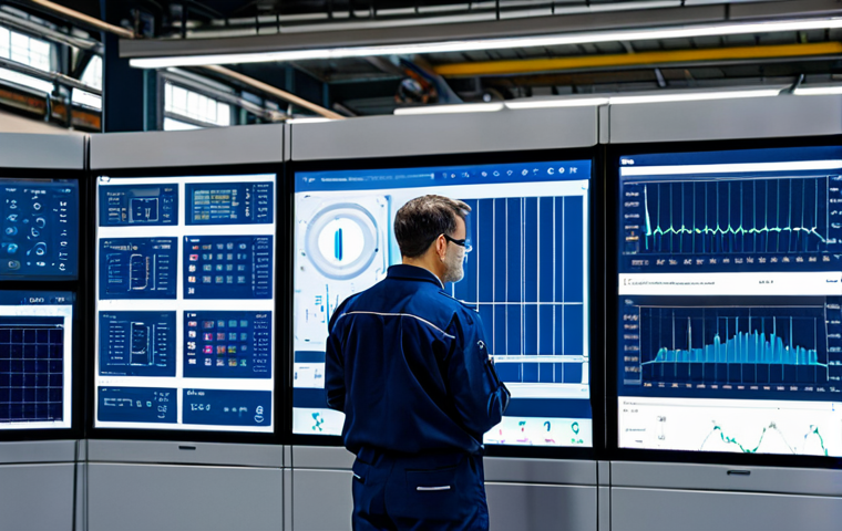 A professional technician in a modest, dark blue work uniform, observing a complex industrial machine equipped with numerous small IoT sensors. A large, transparent digital screen overlays the machine, displaying real-time data visualizations, predictive analytics charts, and operational performance metrics. The background is a clean, well-lit factory floor. The scene emphasizes data-driven decision making and advanced technology integration.