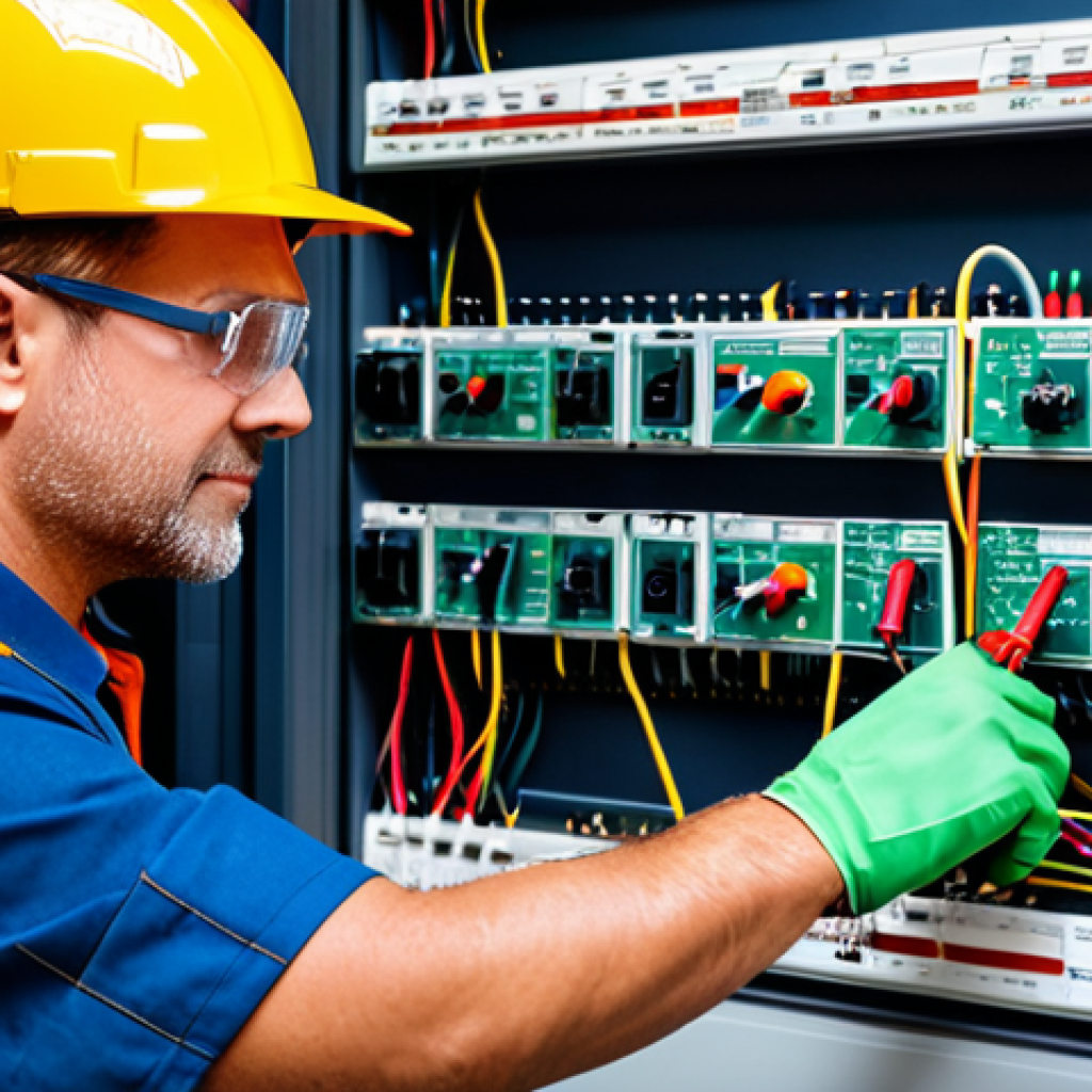 A skilled male electrical maintenance professional, wearing a fully zipped work uniform, safety helmet with clear visor, insulated gloves, and safety glasses, performing an electrical measurement on a clean, modern control panel in an organized industrial workshop. He is holding a digital multimeter, with its probes accurately connected to terminals on the panel. The panel itself is clearly labeled and well-maintained. The image conveys precision and the importance of safety in electrical work. Perfect anatomy, correct proportions, natural pose, well-formed hands, proper finger count, natural body proportions, professional dress, fully clothed, modest clothing, appropriate attire, safe for work, appropriate content, family-friendly, high quality, professional photography.