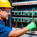 A skilled male electrical maintenance professional, wearing a fully zipped work uniform, safety helmet with clear visor, insulated gloves, and safety glasses, performing an electrical measurement on a clean, modern control panel in an organized industrial workshop. He is holding a digital multimeter, with its probes accurately connected to terminals on the panel. The panel itself is clearly labeled and well-maintained. The image conveys precision and the importance of safety in electrical work. Perfect anatomy, correct proportions, natural pose, well-formed hands, proper finger count, natural body proportions, professional dress, fully clothed, modest clothing, appropriate attire, safe for work, appropriate content, family-friendly, high quality, professional photography.