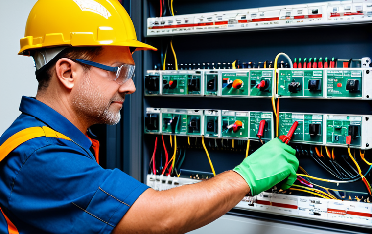 A skilled male electrical maintenance professional, wearing a fully zipped work uniform, safety helmet with clear visor, insulated gloves, and safety glasses, performing an electrical measurement on a clean, modern control panel in an organized industrial workshop. He is holding a digital multimeter, with its probes accurately connected to terminals on the panel. The panel itself is clearly labeled and well-maintained. The image conveys precision and the importance of safety in electrical work. Perfect anatomy, correct proportions, natural pose, well-formed hands, proper finger count, natural body proportions, professional dress, fully clothed, modest clothing, appropriate attire, safe for work, appropriate content, family-friendly, high quality, professional photography.