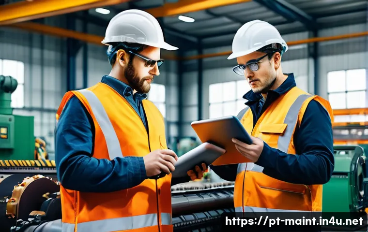 산업 안전과 설비 유지보수의 관계 - A modern industrial factory setting showing a diverse team of maintenance workers wearing proper saf...