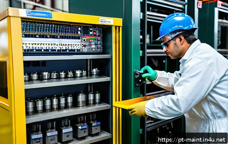 설비 유지보수 기술자 업무 사례 공유 - An industrial maintenance technician wearing protective gear and safety glasses is performing a deta...