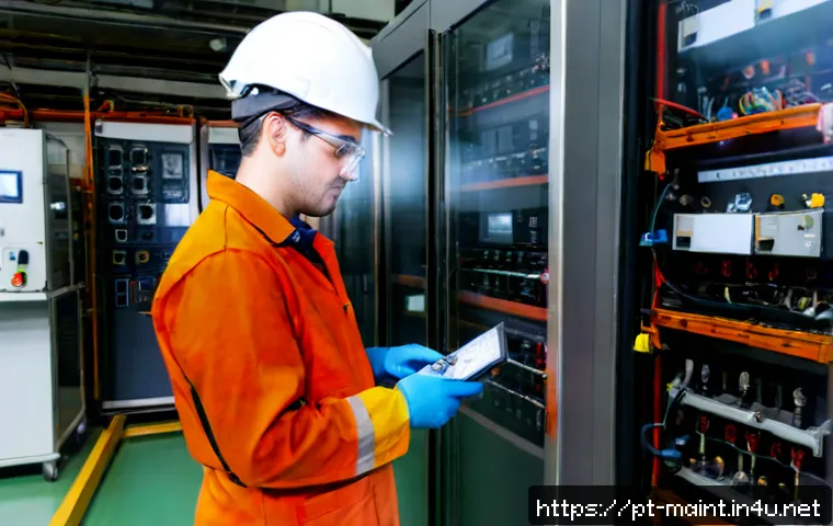 전문 기술자가 알아야 할 설비 유지보수 법규 - Photorealistic industrial maintenance technician in a clean Portuguese manufacturing facility, weari...