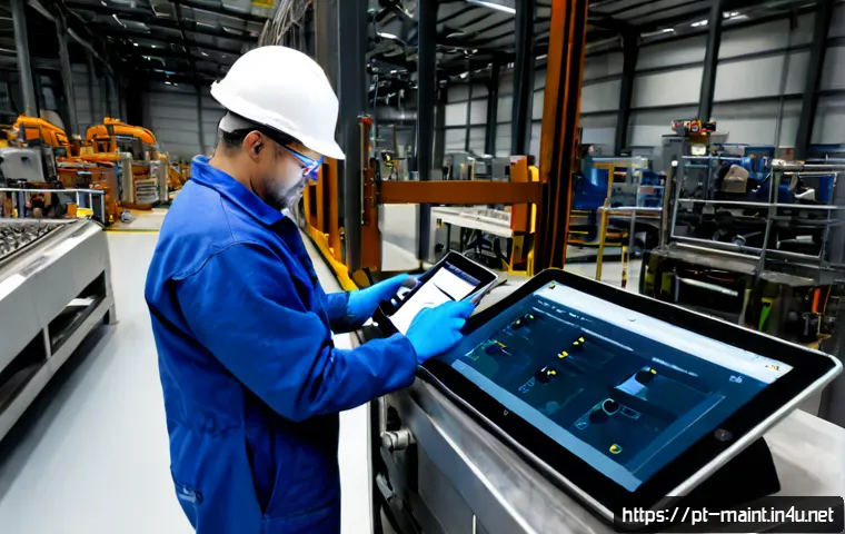 생산설비 정비 관련 필수 산업규격 이해 - Photorealistic industrial maintenance scene in a modern Portuguese manufacturing plant, experienced ...